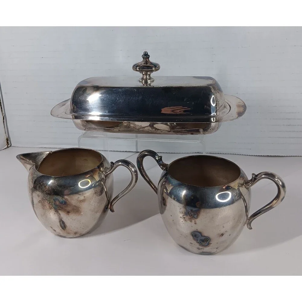 Wallace Silverplate Lot Creamer Sugar Bowl Butter Tray Dish With Glass Insert